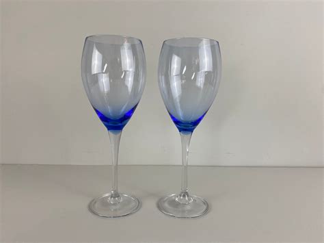 Set Of 2 Extra Large Vintage Wine Glasses Blue Glass Chalice Clear Glass Stem Delicate Wine