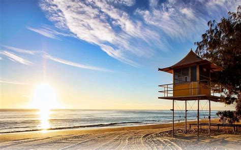 Nature Landscape Beach Sunrise Lifeguard Stands Sea Australia Trees Sand Clouds