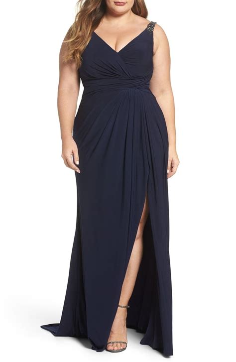 Mac Duggal Embellished Shoulder Jersey Gown Plus Size Plus Size