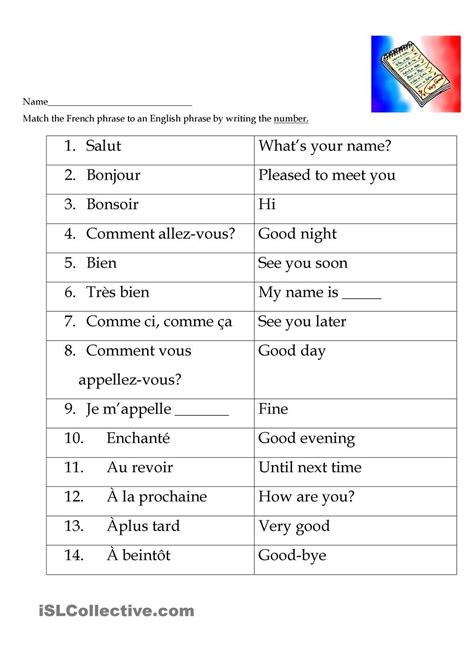 French Greetings Match French Worksheets Basic French Words Learn