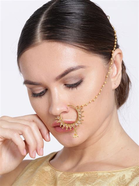 Priyaasi Traditional Gold Plated Kundan Nose Ringnath With Pearl Chain