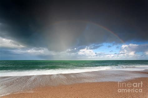 Beautiful Rainbow Over Ocean Waves Ob Sand Beach
