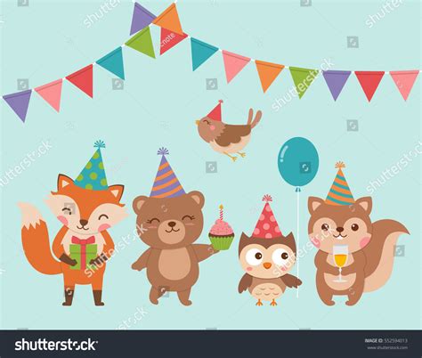 Set Cute Cartoon Woodland Animals Birthday Stock Vector