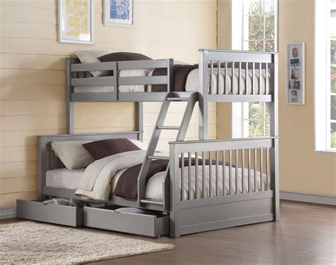 A full bed combined with two twin beds, this triple bunk bed provides a convenient and flexible arrangement option for large families and sleepovers by taking advantage of vertical space. Amber II Kids Contemporary Twin/ Full Bunk Bed w/ 2 Drawers in Grey Finish