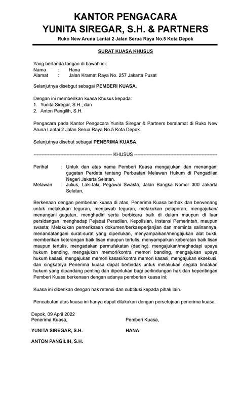 Surat Kuasa Khusus Kantor Pengacara Yunita Siregar S Partners