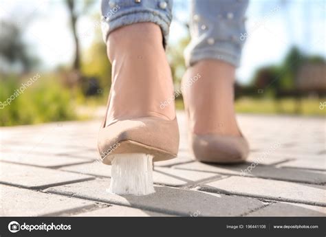 Woman Stepping Chewing Gum Sidewalk Concept Stickiness Stock Photo By