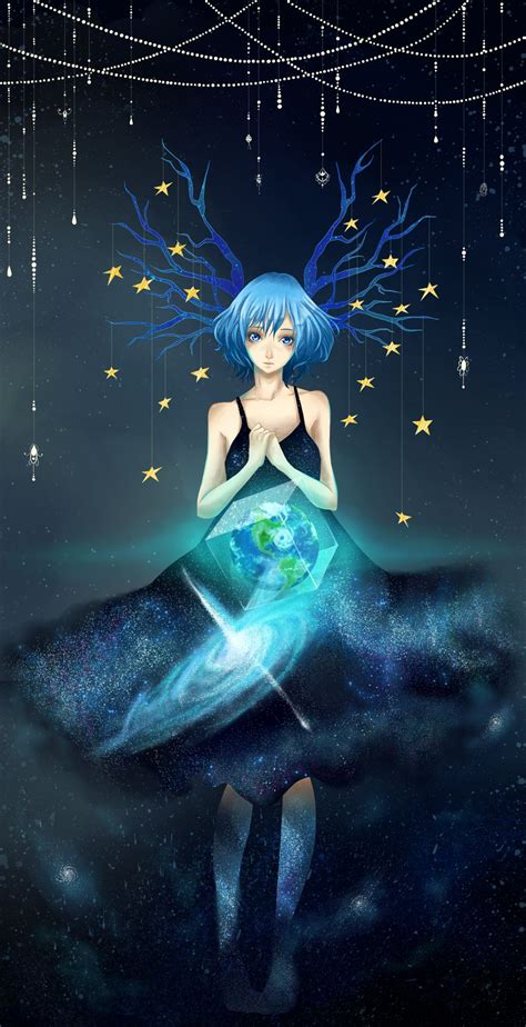 1girl blue eyes blue hair branch earth galaxy highres lavi artist