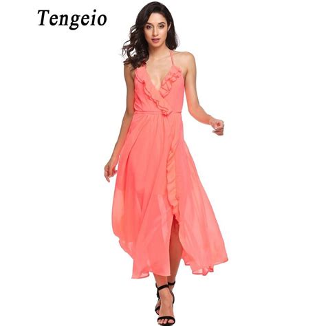 tengeio women spaghetti strap ruffles backless sexy dress summer 2018 deep v neck split beach