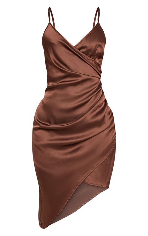 Shape Chocolate Brown Satin Wrap Dress Prettylittlething