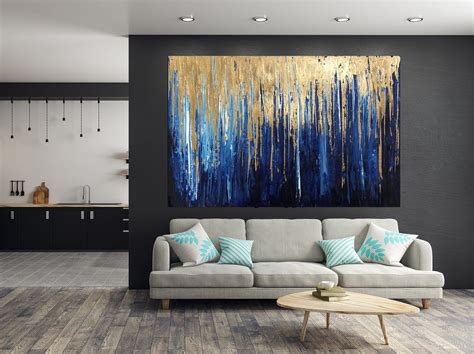 Navy Blue Gold Abstract Modern Acrylic Painting On Canvas Etsy Blue