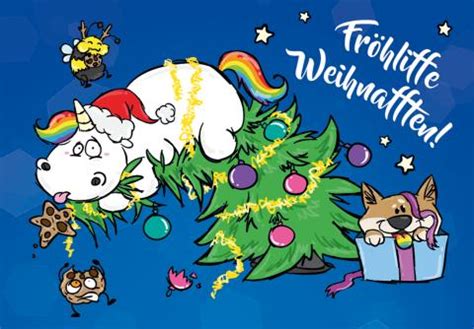 Bald wird es wieder einen weihnachten mit verwandten, silvester mit jedem. PUMMELEINHORN Fröhliffe Weihnachten (blau) A6 Postkarte