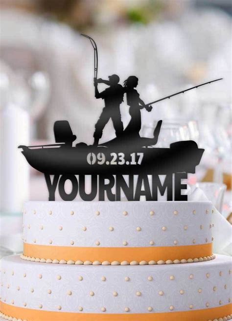 Personalized Fishing Couple Boat With Name And Date Wedding Cake Topper