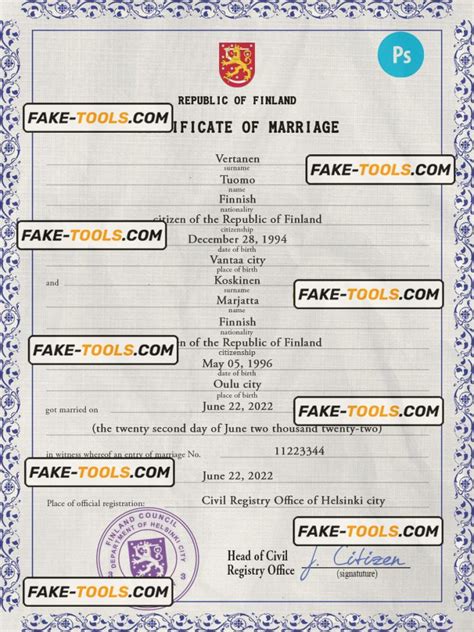 Finland Marriage Certificate Psd Template Fully Editable Fake Tools