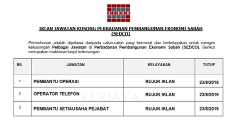 Senarai lengkap permohonan jawatan kosong terkini sabah untuk pencari kerja lepasan pmr, spm, stpm, sijil, diploma & graduan lepasan universiti awam & swasta sepanjang tahun 2021. Permohonan Jawatan Kosong Perbadanan Pembangunan Ekonomi ...