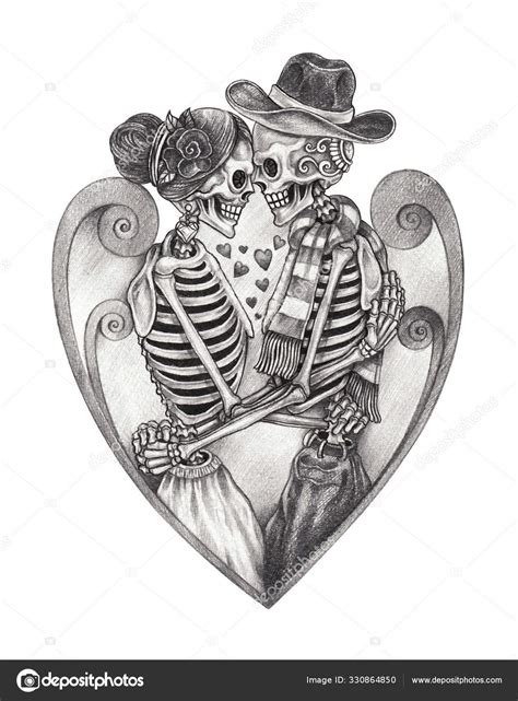 Art Couple Love Skulls Day Dead Hand Drawing Paper Stock Photo By