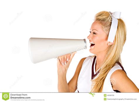 Voetbal Cheerleader Yelling Through Megaphone Stock Foto Afbeelding