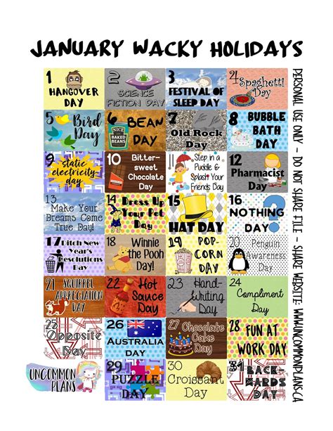 Uncommon Plans Free Planner Printable January Wacky And Fun Holidays
