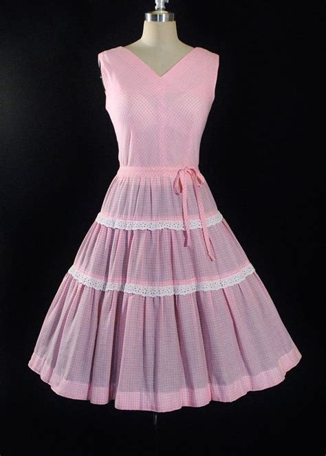 Vintage 50s Dress 1950s Randk Belted Sundress Pink Gingham Checks White
