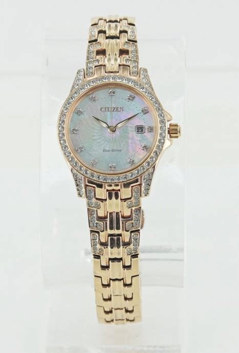 ladies citizen eco drive silhouette crystal rose tone watch with mother of pearl dial roath s pawn