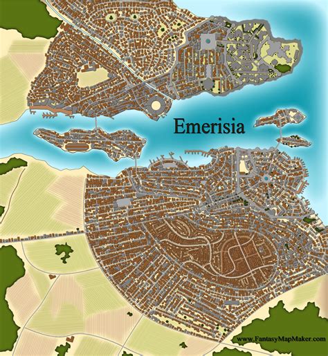 A Map Of The City Of Emerisia Which Is Located In An Area With Water