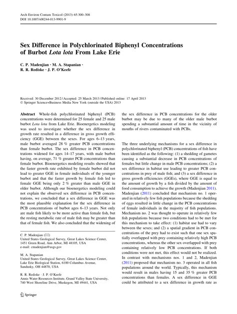 Pdf Sex Difference In Polychlorinated Biphenyl Concentrations Of