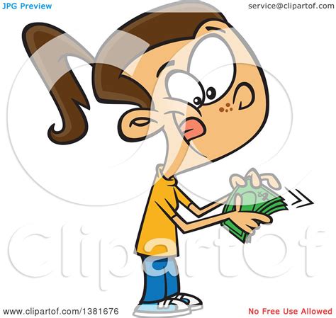clipart of a cartoon happy brunette white girl counting her cash money royalty free vector