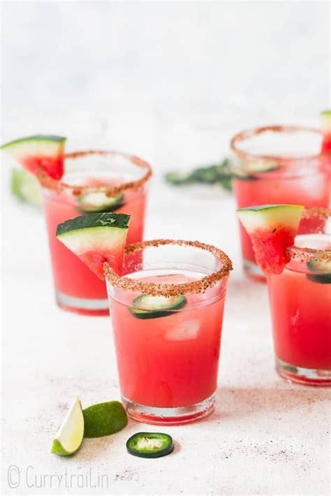 Four Glasses Filled With Spicy Watermelon Margaritas Watermelon