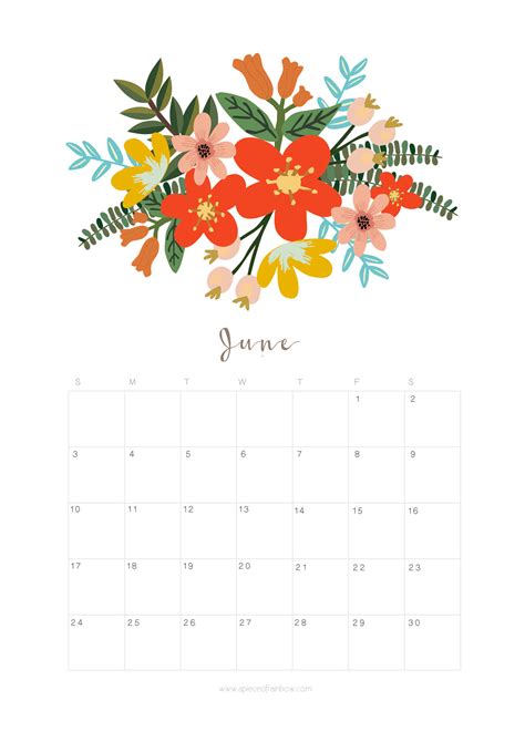 Printable June 2018 Calendar Monthly Planner Flower Design A Piece
