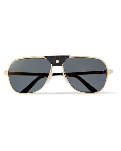 Cartier Aviator Style Leather Trimmed Gold Tone Sunglasses In Metallic For Men Lyst