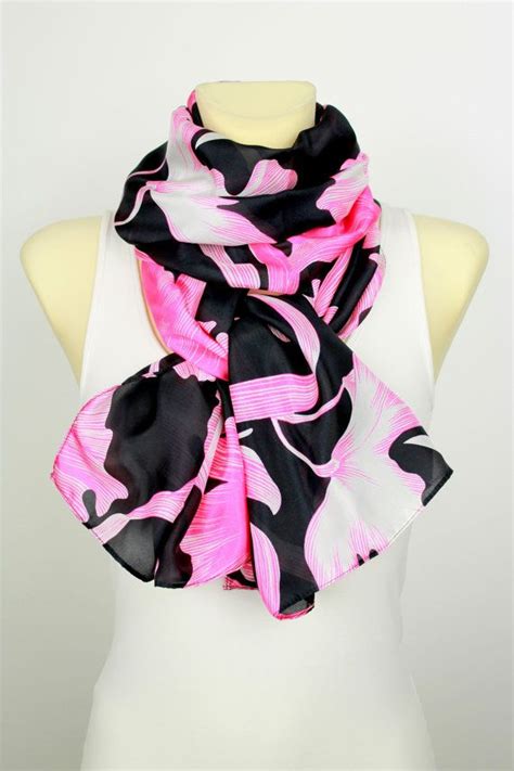 Pink And Black Floral Silk Scarf Printed Infinity Silk Scarf Unique Boho Scarf Women