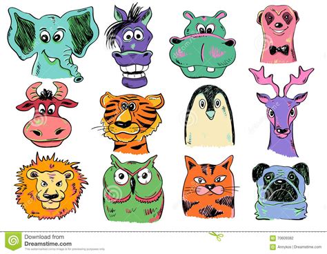 Set Of Funny Cartoon Animal Face Icons Stock Vector