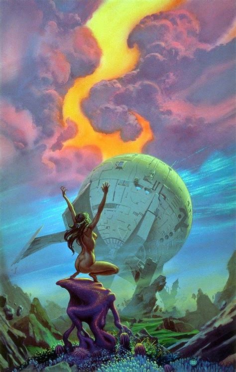 A Painting Of A Woman Standing On Top Of A Giant Ball In The Air With