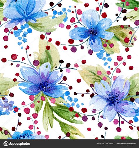 Seamless Pattern With Watercolor Leaves And Blue Flowers — Stock Photo