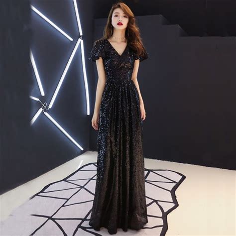 affordable black sequins evening dresses 2019 a line princess v neck short sleeve floor length