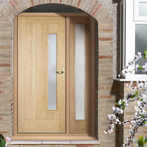 Newbury Exterior Oak Door And Frame Set Frosted Double Glazing One