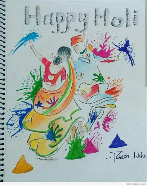 Pencil Color Sketch Of Happy Holi
