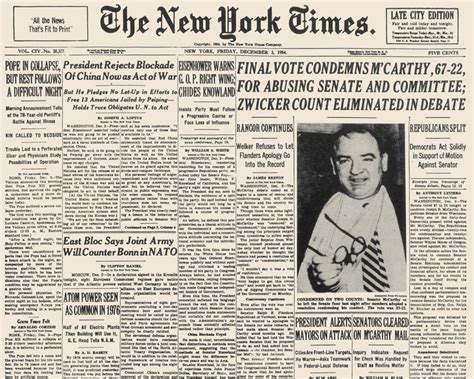 Mccarthy Censure 1954 Nfront Page Of The New York Times 3 December