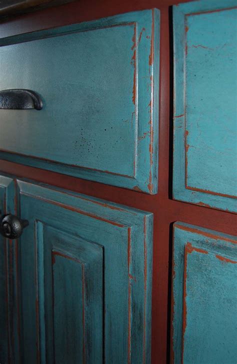 Turquoise W Red Painting Cabinets Distressed Kitchen Cabinets