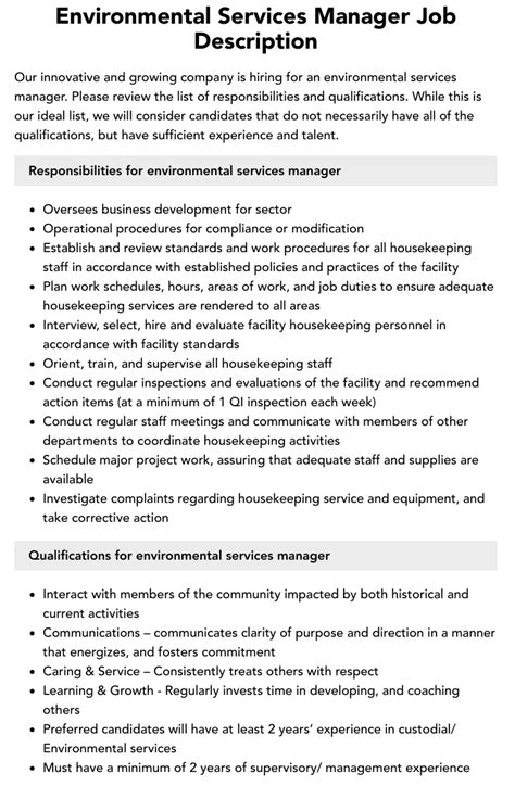 Environmental Services Manager Job Description Velvet Jobs