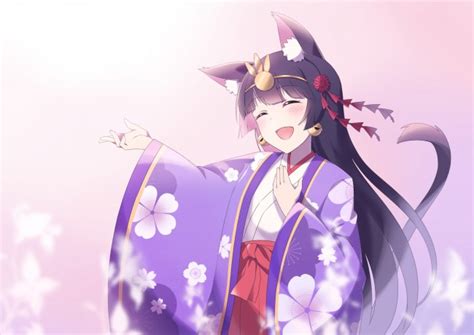 Wallpaper Anime Cat Girl Smiling Closed Eyes Kimono Long Hair