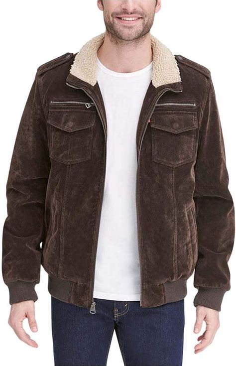Levis Mens Faux Suede Collar Aviator Bomber Jacket With Sherpa Lining