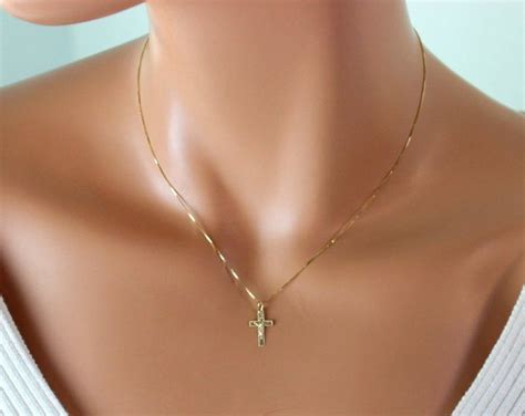 Kt Solid Gold Cross Necklace Women Simple Small Charm Etsy Cross