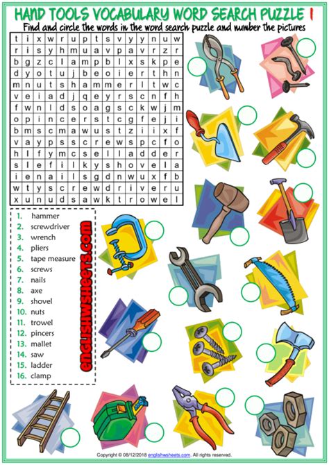 Hand Tools Esl Word Search Puzzle Worksheets For Kids