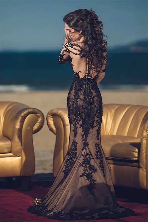 Seductive Black Lace Mermaid Bridal Dress Long Sleeves And Skillfully