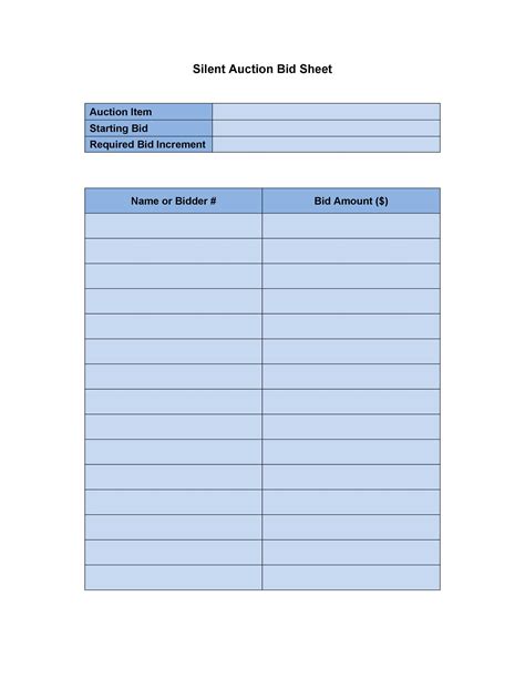 Silent Auction Bid Sheets Free Printable Simple Template