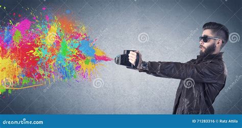 Hipster Guy With Camera And Paint Splash Stock Photo Image Of Beard
