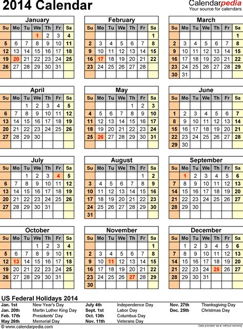 2014 Calendar With Federal Holidays