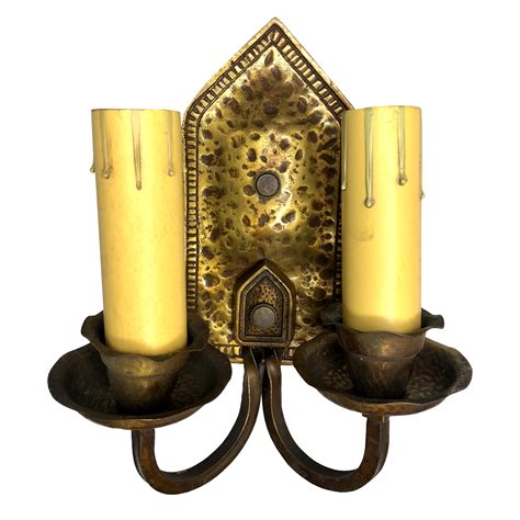 Antique Arts And Crafts Hammered Brass Double Light Wall Sconce