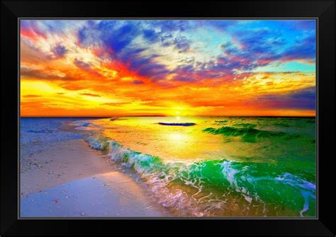 Ocean Wave Sunset Orange Beach Sunset Canvas Black Framed Art Print Ebay