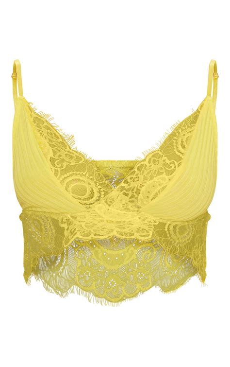 Yellow Ribbed And Lace Mix Bra Lingerie Prettylittlething Aus